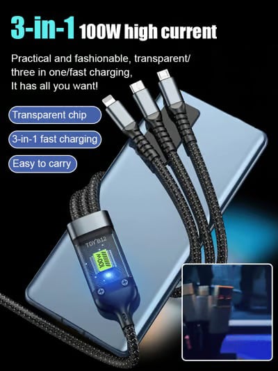 Transparent Luminous Super Fast Charging 3-in-1 Data Cable