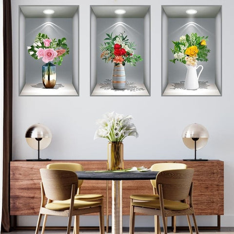 3D Flowers Vase Wall Sticker - Pack Of 4