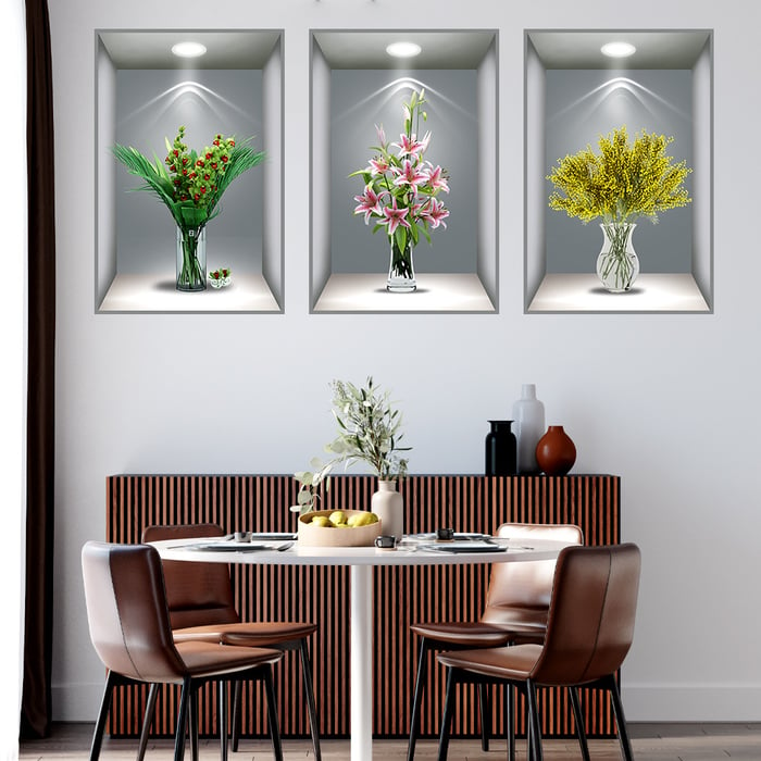 3D Flowers Vase Wall Sticker - Pack Of 4