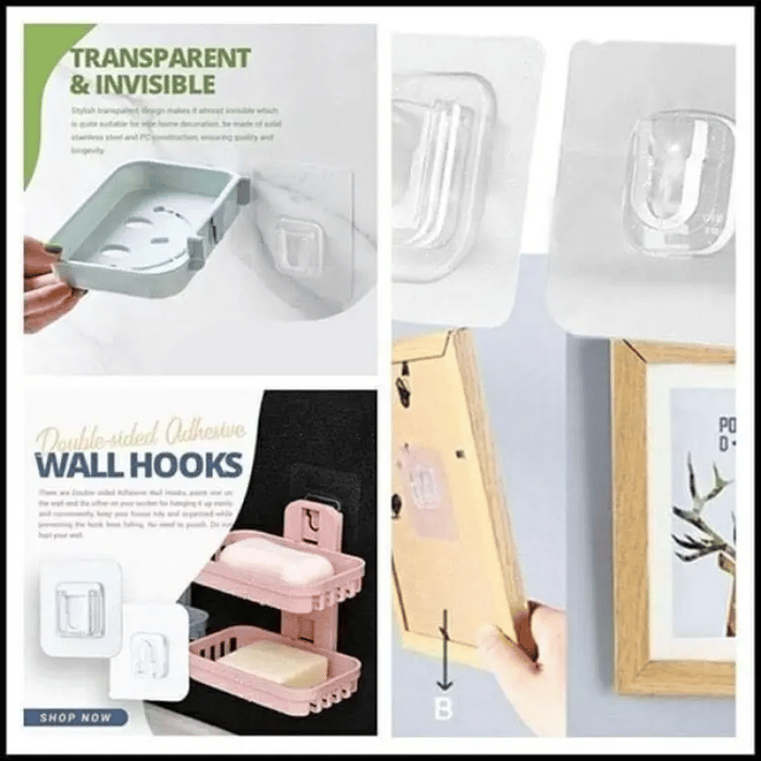 Transparent Double-sided Adhesive Wall Hooks - Pack Of 6