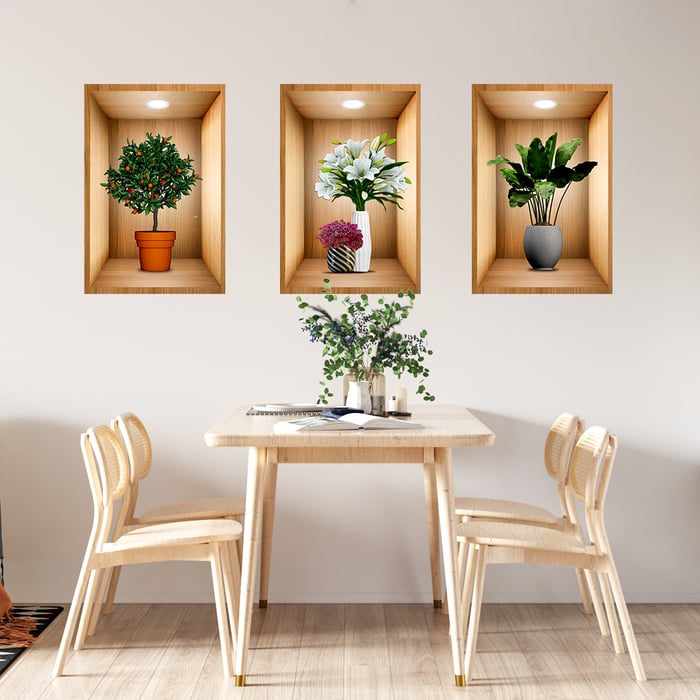 3D Flowers Vase Wall Sticker - Pack Of 4