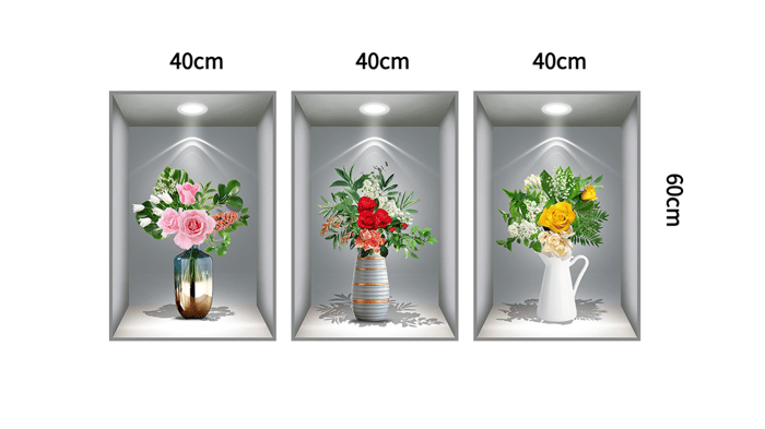 3D Flowers Vase Wall Sticker - Pack Of 4